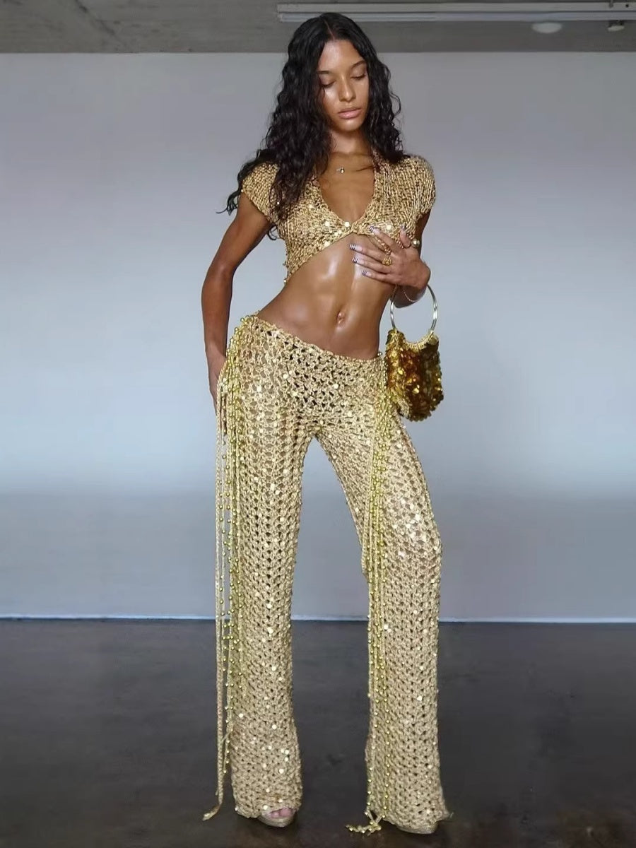 Sexy And Sexy Two-piece Sequined Openwork Set
