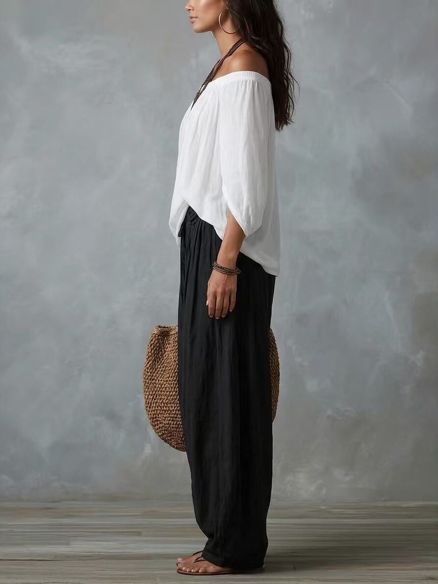 Off-the-shoulder T-shirt And Wide-leg Pants Two-piece Set