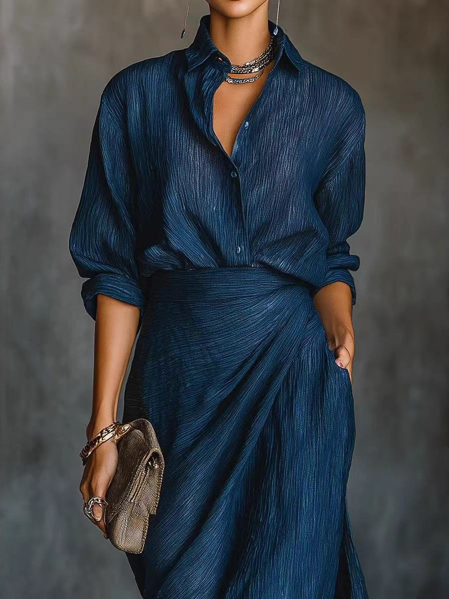 Solid Color Irregular Pleated Long Dress With Belt