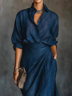 Solid Color Irregular Pleated Long Dress With Belt