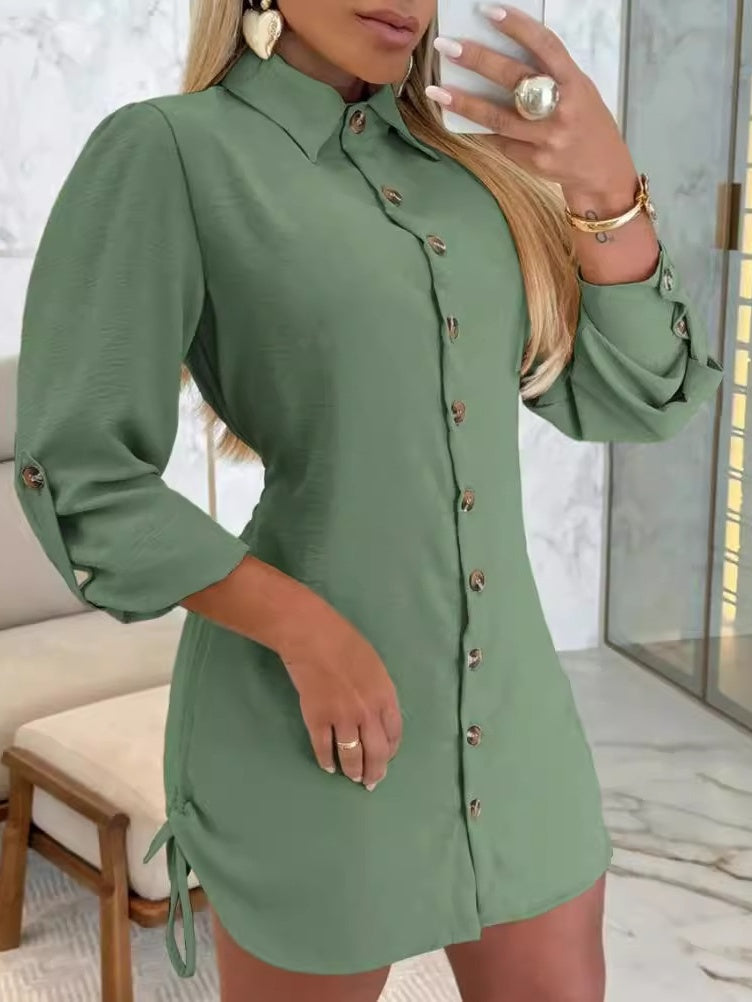 Long-sleeved Solid Color Short Dress With Drawstring Buttons On Both Sides