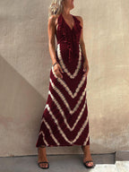 Chevron Print Ruffle Halter Neck Deep V-Neck Bodycon Maxi Dress