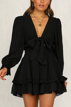 Tie Front Puff Sleeve Smocked Waist Tiered Ruffle Mini Set