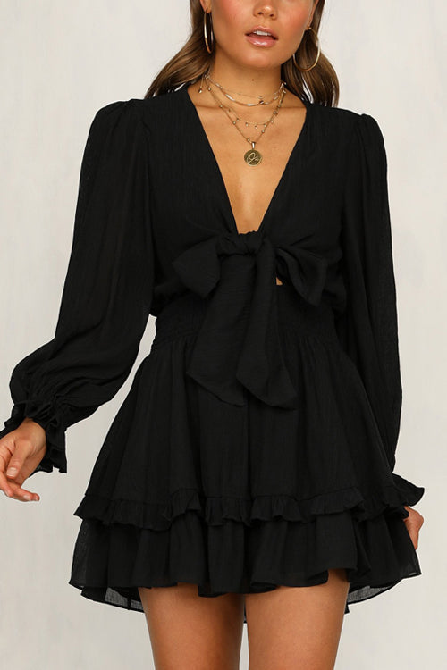 Tie Front Puff Sleeve Smocked Waist Tiered Ruffle Mini Set