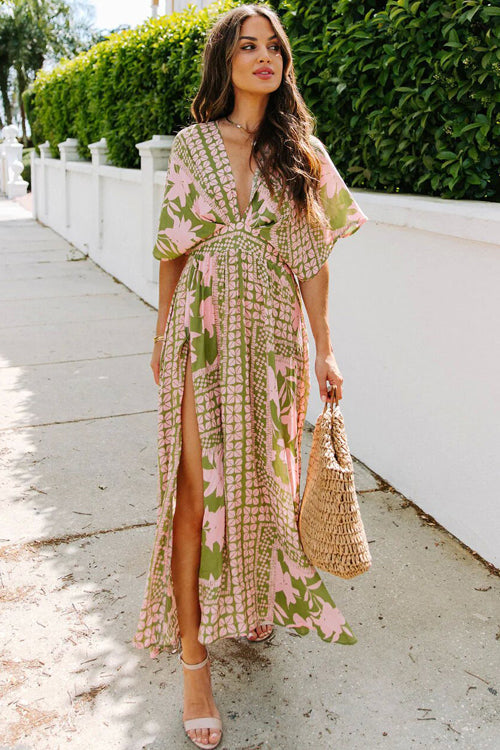 Large Scale Floral Print Deep V-Neck Flutter Sleeve High Split Maxi Dress