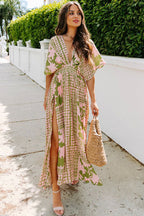 Large Scale Floral Print Deep V-Neck Flutter Sleeve High Split Maxi Dress