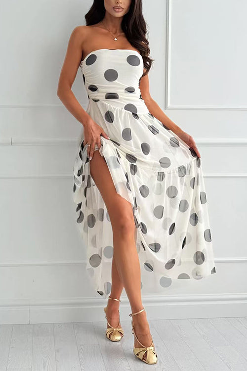 Strapless Tube Polka Dot Mesh Maxi Dress