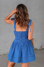 Denim Tie Shoulder Square Neck Pleated Fit and Flare Mini Dress