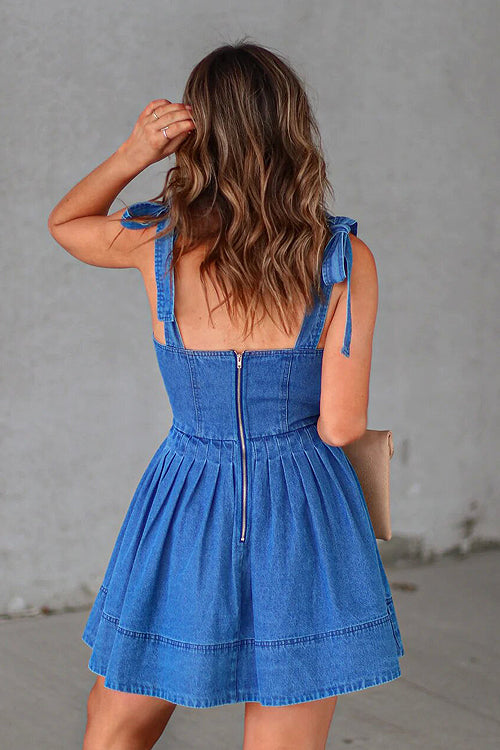 Denim Tie Shoulder Square Neck Pleated Fit and Flare Mini Dress