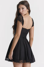 Square Neck Ruched Bust Lace Cap Sleeve Lace Hem Mini Dress