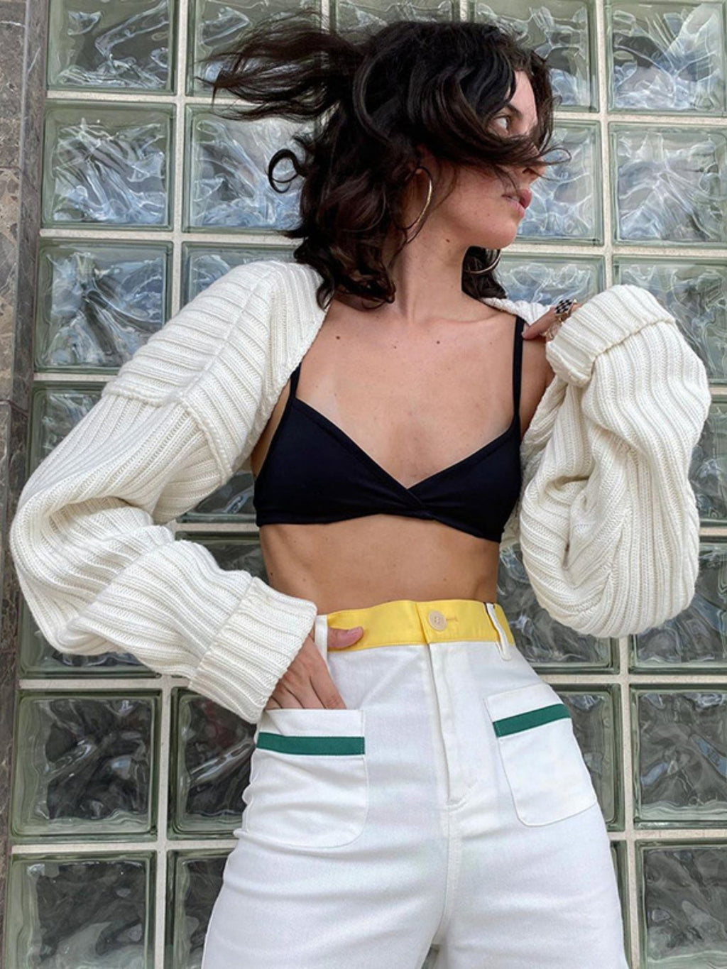 Knitted Long-Sleeve Cropped Top