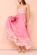 Backless Stripes Splice Floral Print Swing Maxi Cami Dress