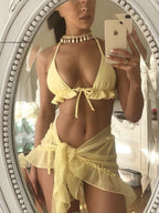 Mesh Skirt With Ruffled Trim, Solid Color Bikini Three-piece Set