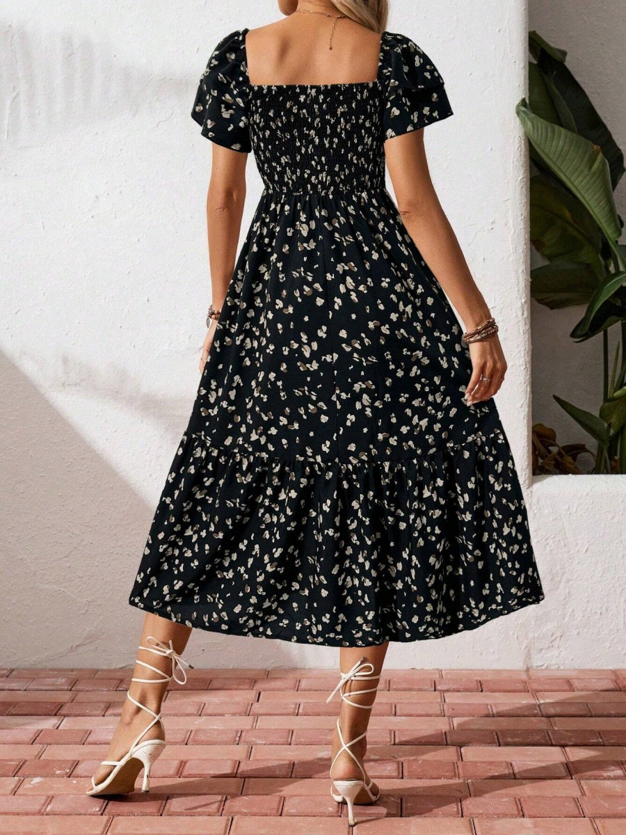 Floral Short Sleeve Square Collar Ruffle Vacation And Leisure Maxi Dresses