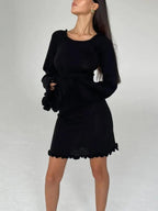 Ribbed Knit Scoop Neck Flared Sleeve Lettuce Edge Hem Bodycon Mini Dress