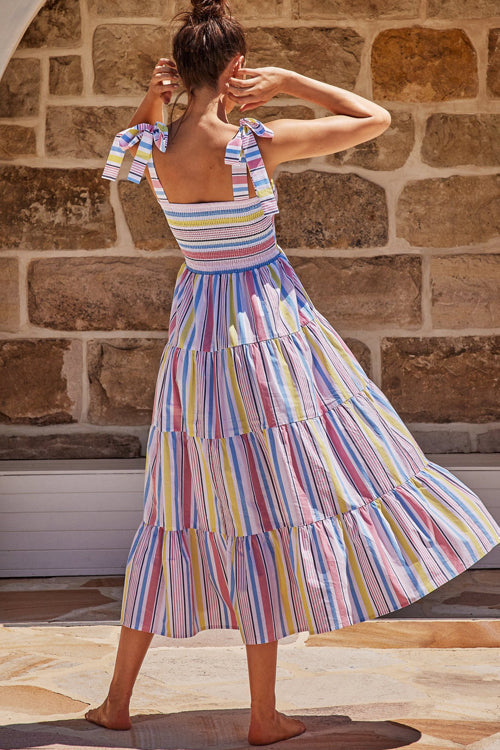Floral Print Smocked Tie Shoulder Tiered Ruffle Maxi Dress