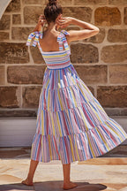 Floral Print Smocked Tie Shoulder Tiered Ruffle Maxi Dress