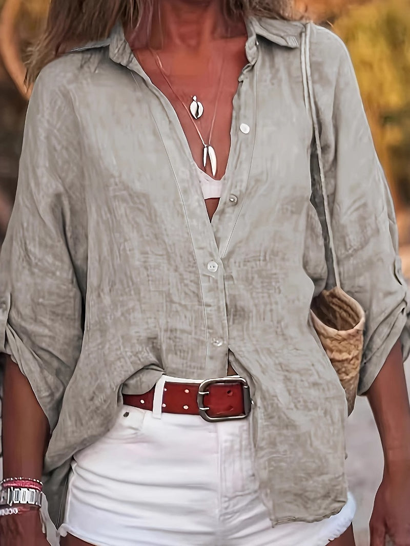 Three-quarter Sleeve Cotton Linen V-neck Loose Button T-shirt