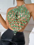 Diamond-studded Openwork Chain Splicing Halter Neck And Backless Tank Tops&Camis