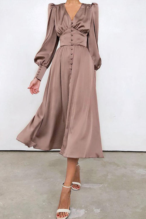 Deep V-Neck Bishop Sleeve Button Front Smocked Waist Midi Dress