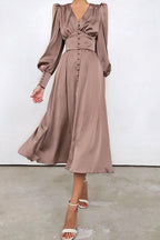 Deep V-Neck Bishop Sleeve Button Front Smocked Waist Midi Dress