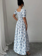 Floral Short Sleeve Square Collar Ruffle Vacation And Leisure Maxi Dresses