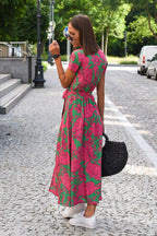 Short Sleeve V-Neck Floral Print Wrap Tie Waist Slit Maxi Dress