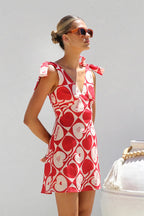 Tie Shoulder Deep V-Neck Patchwork Floral Print Mini Dress