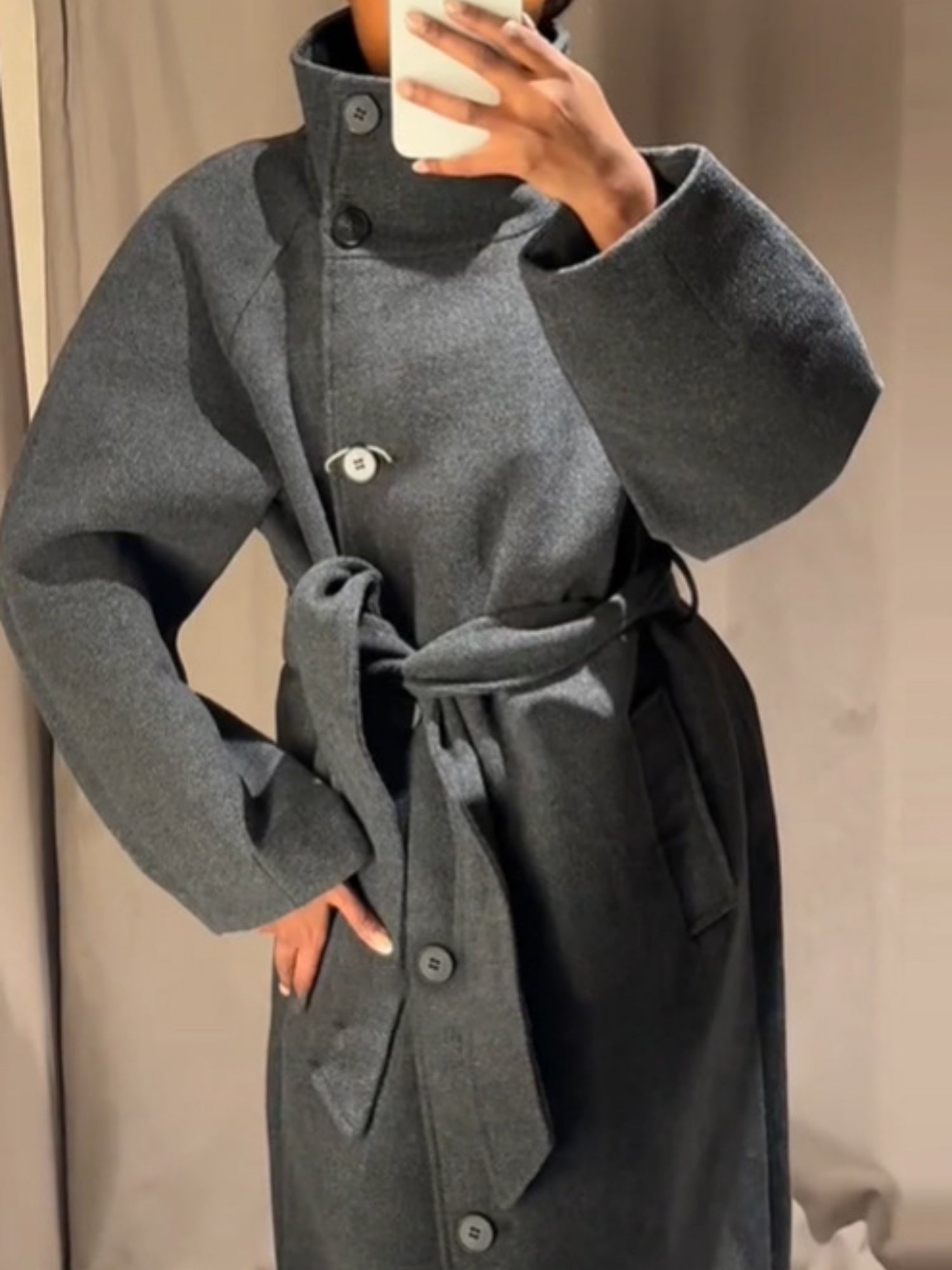 Waist-cinching Wool Coat Stand-up Collar Tie Coats