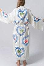 Raw Hem Tie Waist Printed Beach Vacation Kimono Maxi Dress