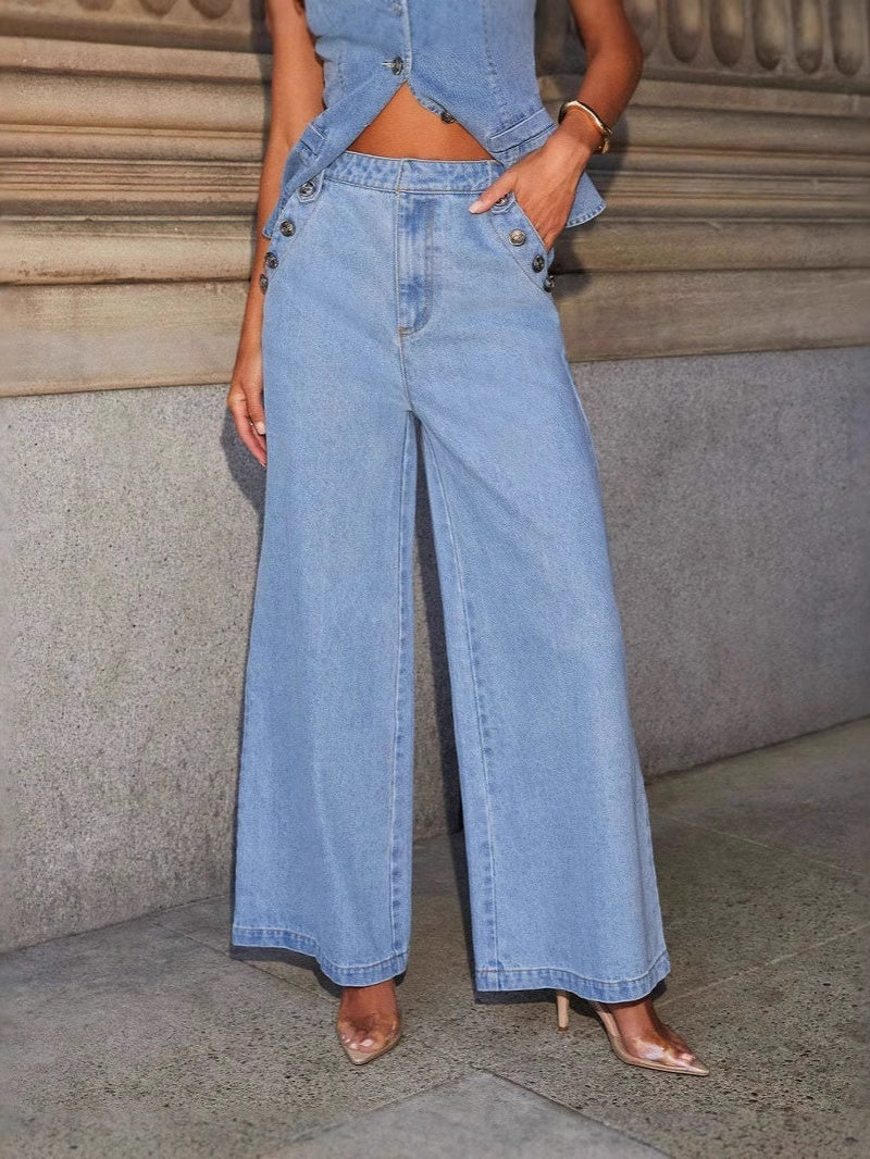 Denim Vest Wide-leg Long Two-piece Set