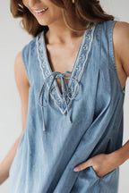 Embroidered V-Neck Tie Drawstring Lace Trim Pocket Chambray Mini Dress