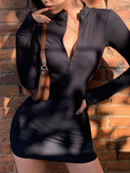 Long Sleeve Zipper V-neck Hip-hugging Mini&Short Dresses