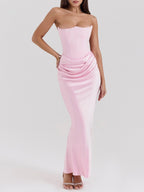 Satin Belted Strapless Off-the-shoulder Fishbone Pleated Long Bodycon Dress