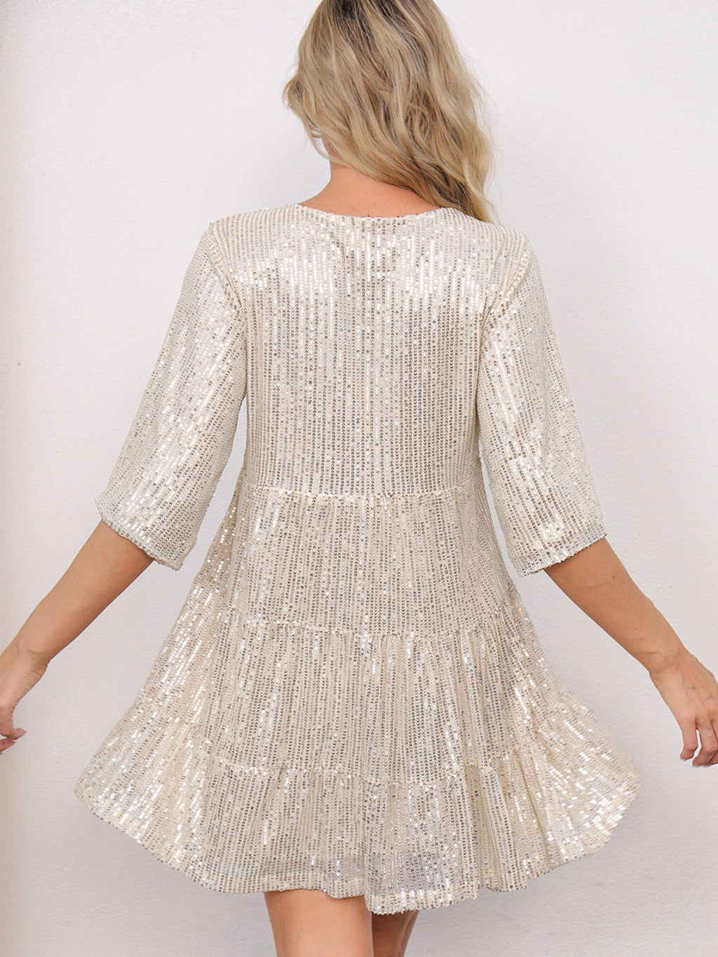 Sequins Pleated Multi-story Crew Neck Short Sleeve Mini&Short Dresses