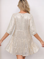 Sequins Pleated Multi-story Crew Neck Short Sleeve Mini&Short Dresses