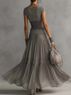 Gray Knit Top And Chiffon Long Skirt Set, Flowy Two-piece Set