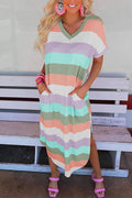 Curve Hem Side Split Rainbow Stripes Midi Dress