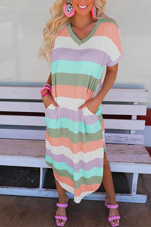 Curve Hem Side Split Rainbow Stripes Midi Dress