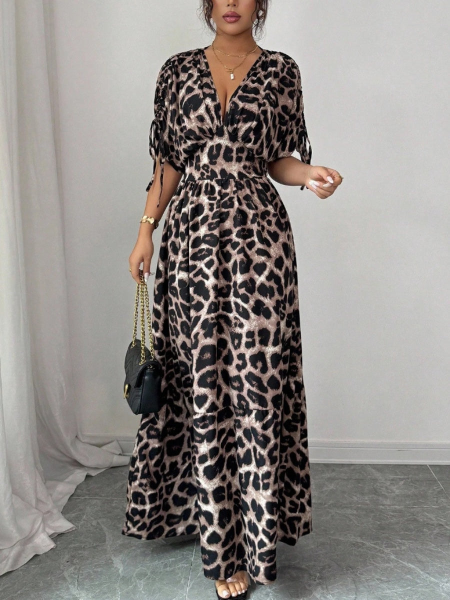V-neck Short Sleeve Leopard Print Maxi Dresses