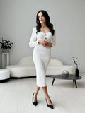 Rib Knit Sweetheart Neck Long Sleeve Gem Button Bodycon Midi Dress