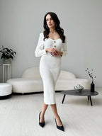 Rib Knit Sweetheart Neck Long Sleeve Gem Button Bodycon Midi Dress