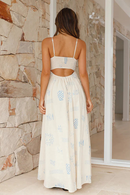 Square Neck Spaghetti Strap Graphic Print Empire Waist Maxi Dress