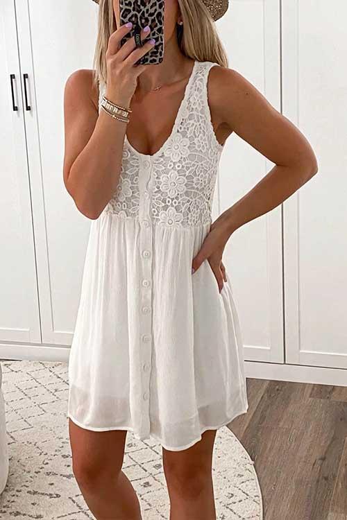 Lace Floral Buttons Swing Tank Dress