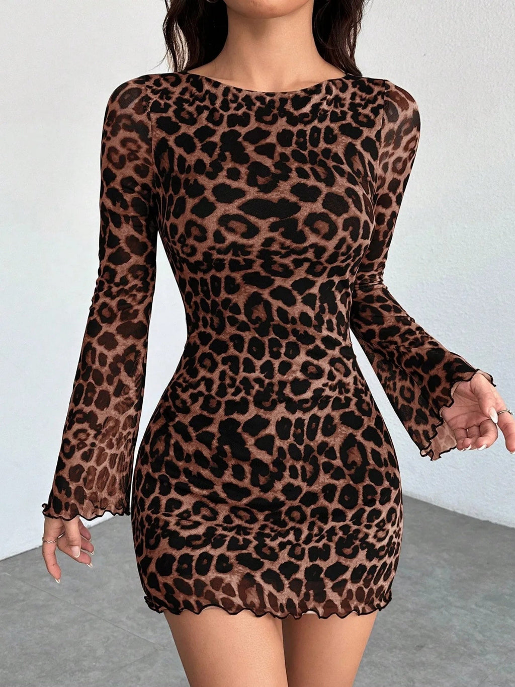 Leopard Print Mesh Slimming And Waist-cinching Long-sleeved Short Dress