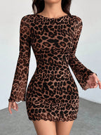 Leopard Print Mesh Slimming And Waist-cinching Long-sleeved Short Dress