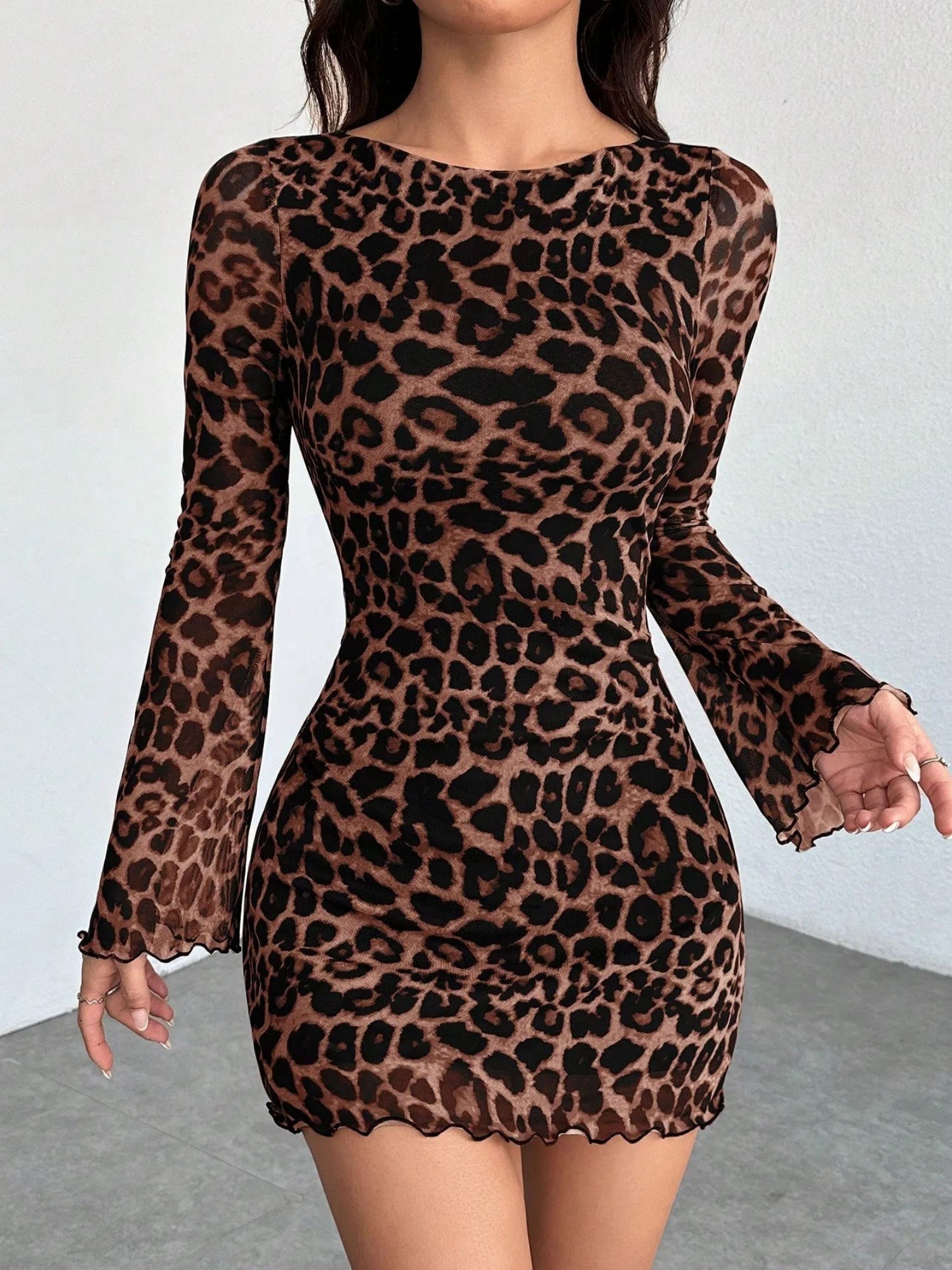 Leopard Print Mesh Slimming And Waist-cinching Long-sleeved Short Dress