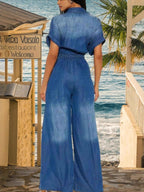 Collared, Fitted Waist, Floor-length Wide-leg Denim Jumpsuit