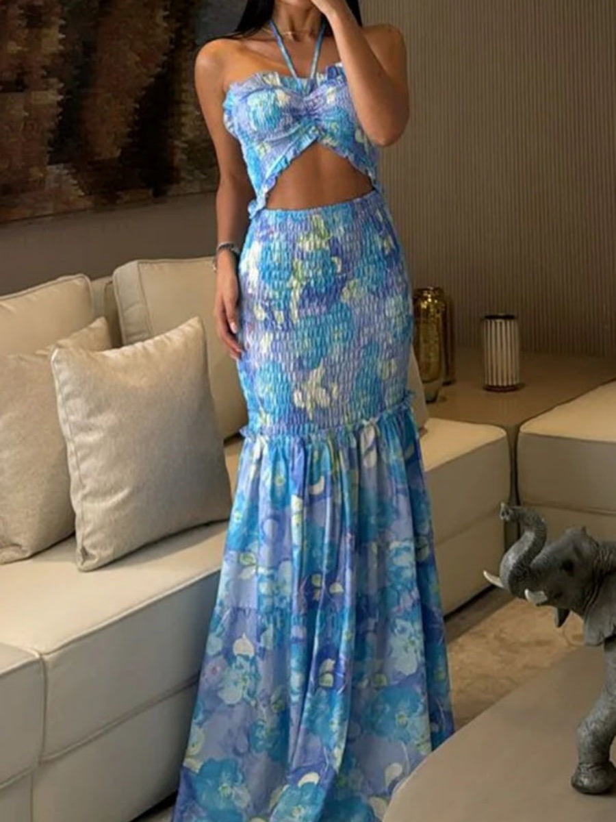 Lace Up Printed Hollow Bare Waist Exclusive Maxi Dresses