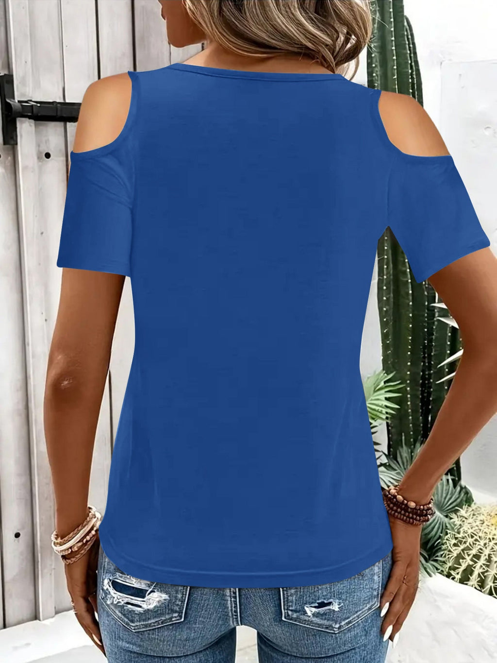 Hollowed-out Cross Off-shoulder V-neck Short Sleeve T-shirts